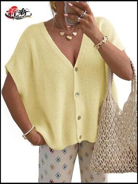 Short Sleeve V-Neck Cardigan Lightweight Loose Fit Knit Summer Top